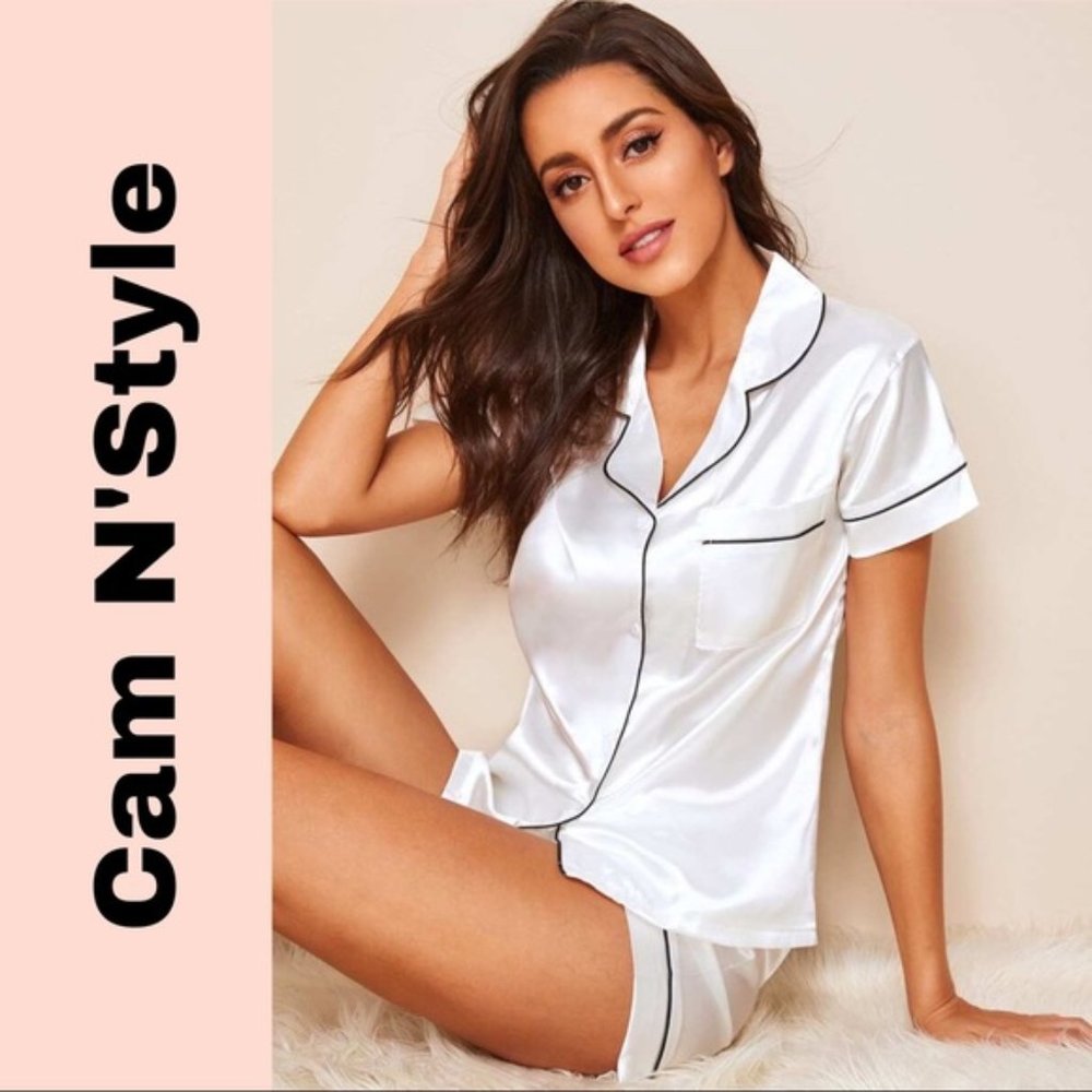 New White Satin Silk-Like Pajama Set